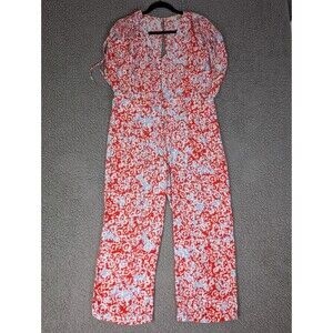 Paloma Blue Short Sleeve Jumpsuit Red Blue Floral Size Small Beachy Coastal Fun